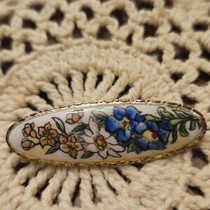 Vintage Brooche Lapel Pin Floral Pink, Blue, White On White Background 1.5"x.5"